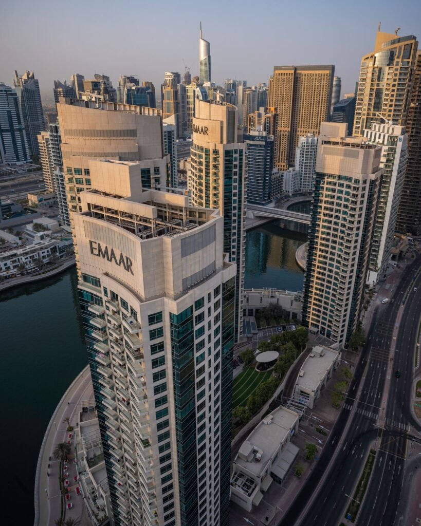 Aerial View of Dubai's Modern Skyline at Sunset