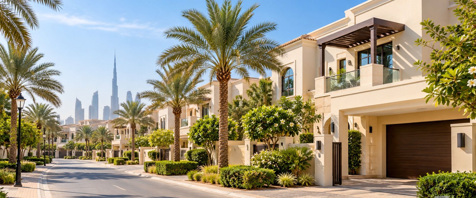 Villa street in Al Barsha with Dubai skyline